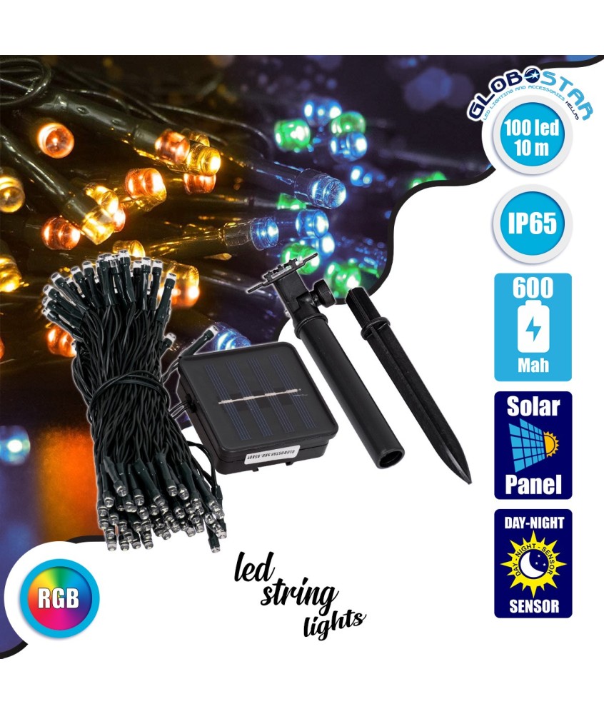 85809 Διακοσμητική Γιρλάντα 10 Μέτρων με Controller 8 Προγραμμάτων Φωτισμού - 100 LED 4W με Ενσωματωμένη Μπαταρία 600mAh - Φωτοβολταϊκό Πάνελ - Αισθητήρα Ημέρας-Νύχτας - Βάση Κήπου & Σκούρο Πράσινο Καλώδιο Αδιάβροχη IP65 Πολύχρωμη RGB Μ10m